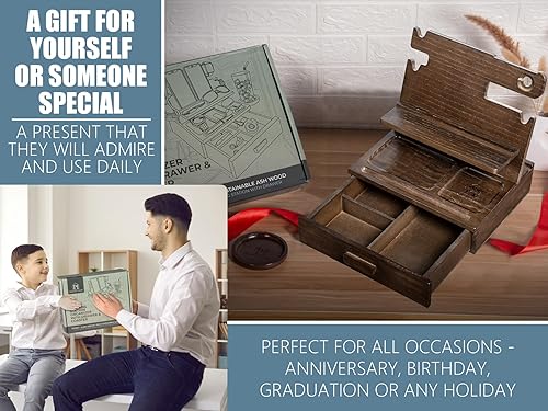 Miniatura 8 de Estación de acoplamiento de madera para hasta 3 teléfonos, organizador de mesita de noche con cajón para objetos de valor para hombres y mujeres,