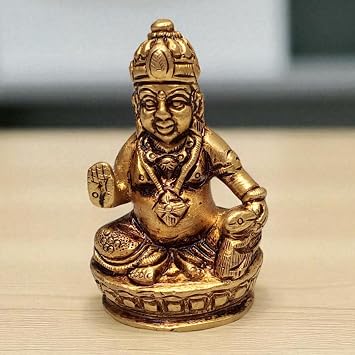Brass Kuber Maharaj Statue Idol God of Treasure Wealth Deity Figurine Diwali Worship Home Decor Kubera Kuvera Dhanpati Vaisravana Raja Murti Sculpture Gift Puja Room 2 Inch 130 Gram