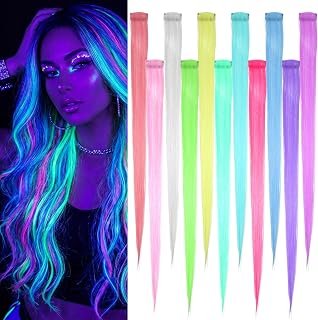 11 PCS Glow In The Dark Hair Accessories, Neon Hair Extensions, Colored Clip In Hair-Extension Multi Colored Rainbow-Hair Extensions for Women 7.87 In