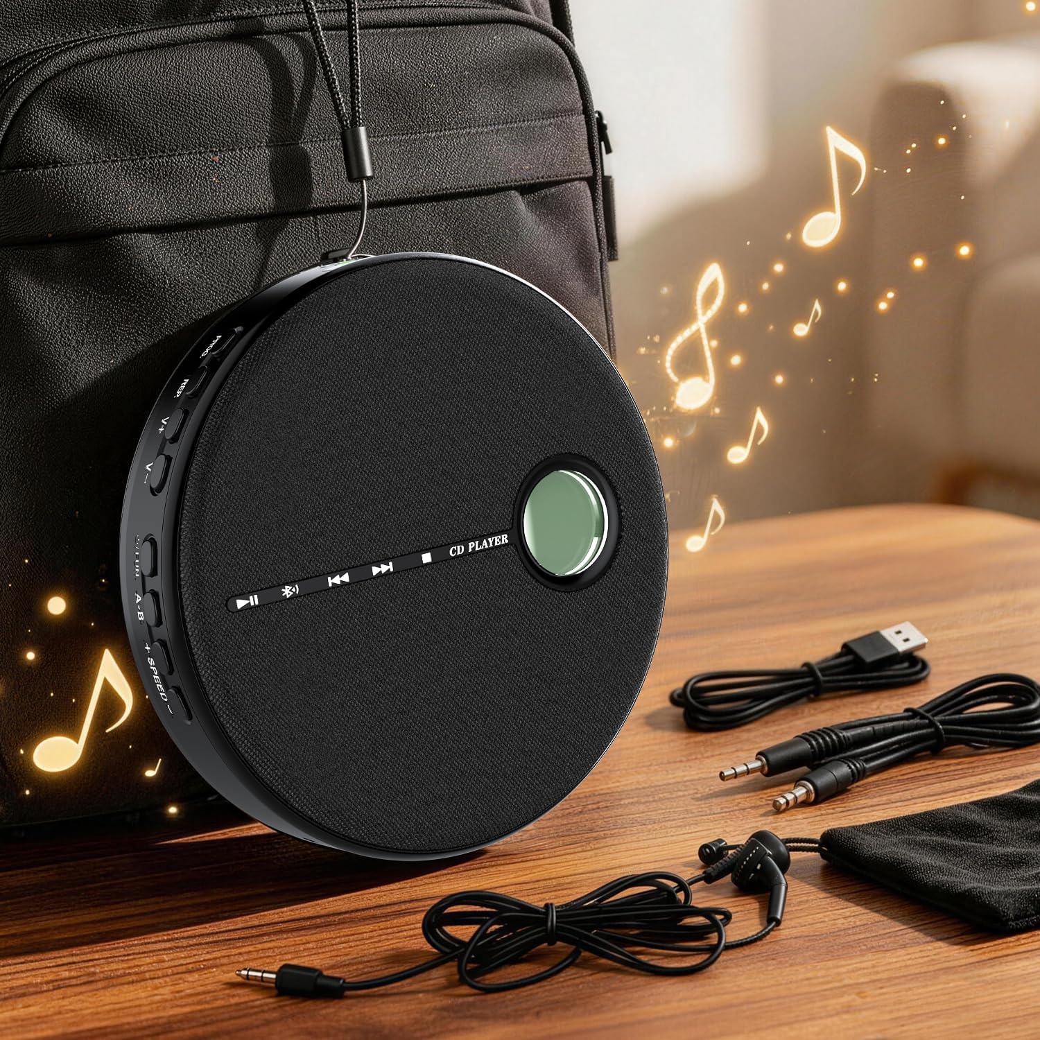 CD Player Portable with Bluetooth for Car Home, Anti-Skip, Dual Stereo Speakers, PROG Memory A-B Repeat, 10 Speeds, Rechargeable Small Walkman CD Players with Headphones, AUX/USB Port, Ideal Gifts