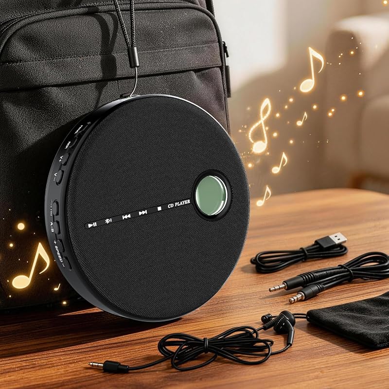 Portable Bluetooth CD Player with Anti-Skip, Stereo Speakers & Headphones | A-B Repeat, PROG Memory, 10 Playback Speeds, AUX input, Small Personal Walkman CD Players for Home, Car & Travel, Ideal Gifts