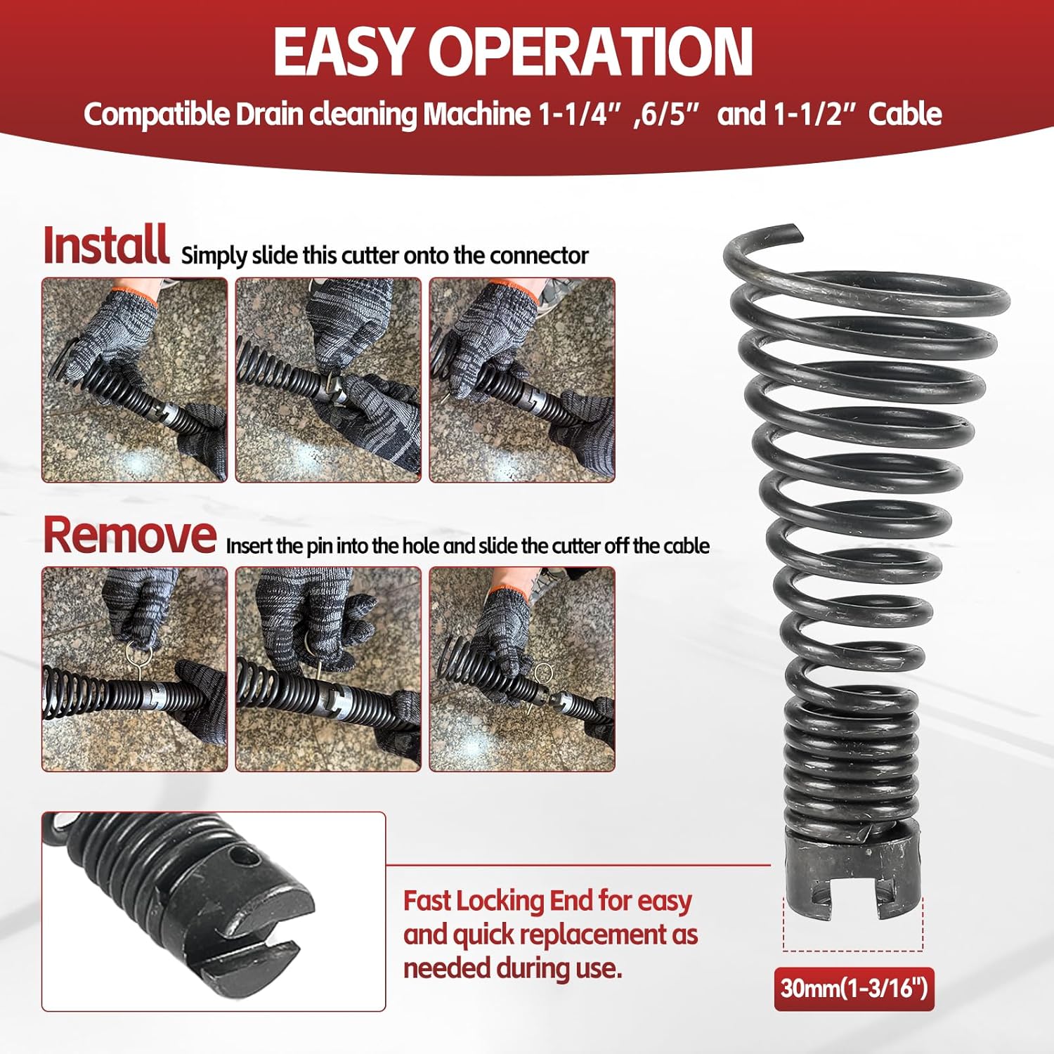 7-Piece Drain Auger Attachment Set for 1-3/16"(30MM) 4"-8"Pipes (Root Cutter, Butter Cutter & Spring Key) – Compatible with 1-1/4”, 1-1/2” & 6/5” Drain Cleaning Machines