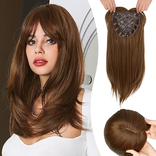 QGZ Toppers para el cabello para mujer con cabello fino, 18 pulgadas, marrón claro, sintético, largo, ondulado, grande, cubierta base para el