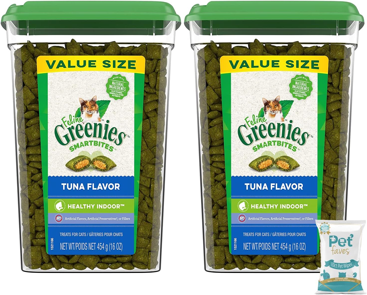 Greenies (2 Tubs) Feline SMARTBITES Hairball Control Tuna Flavor 16oz and 10ct Pet Faves Pet Wipes