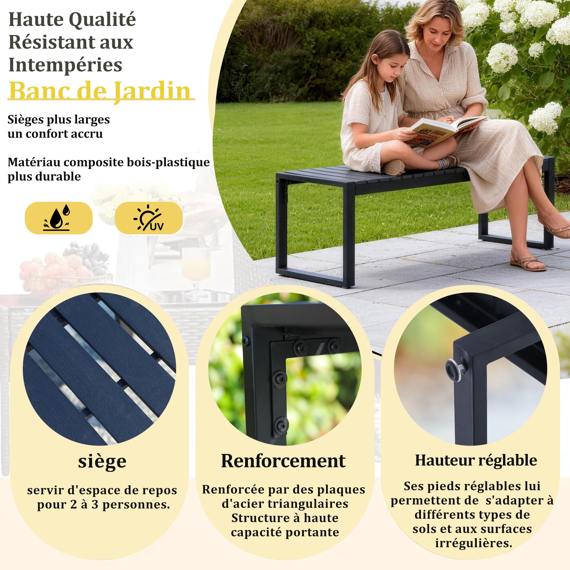 Mingone Banc de Jardin Noir (120cm, 2 Places)