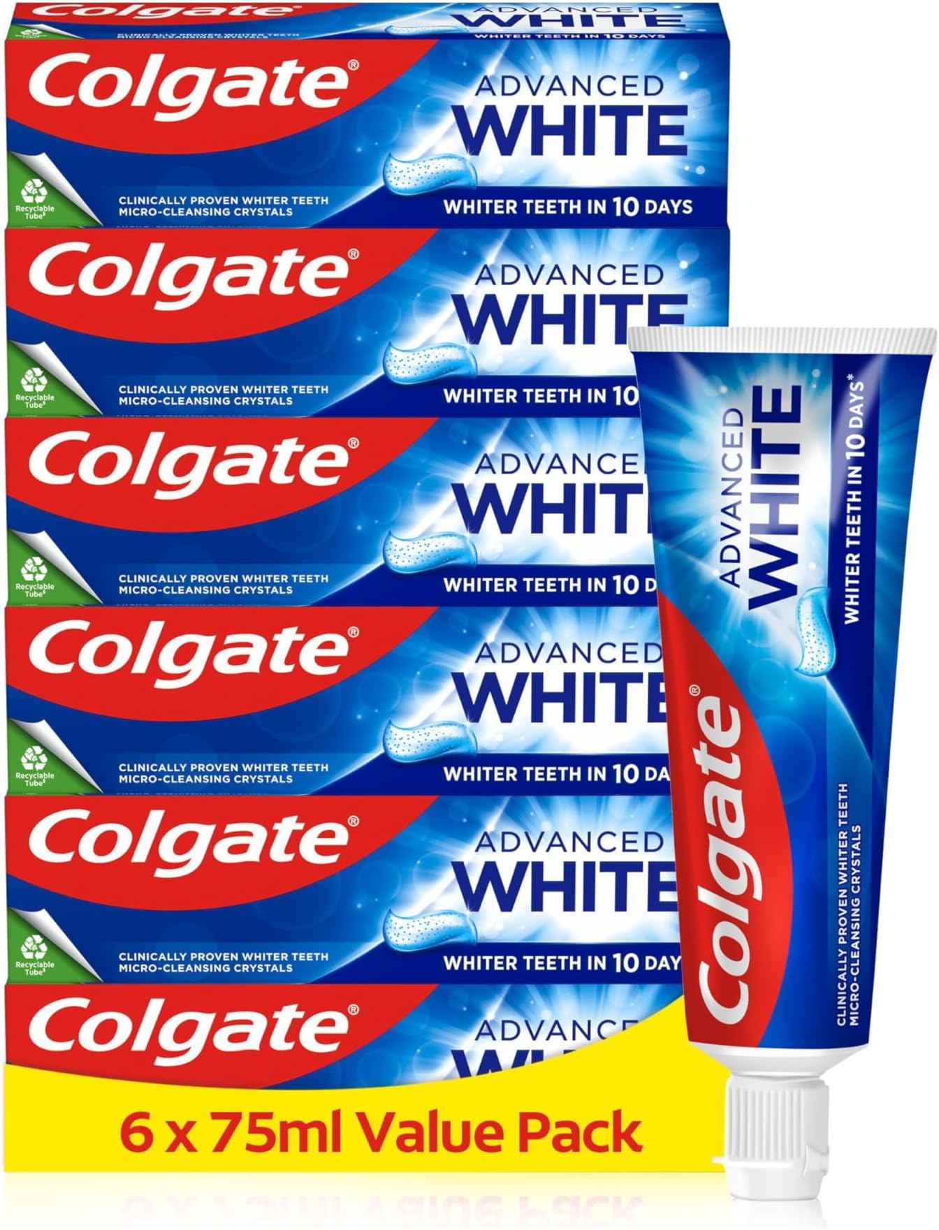Colgate Advanced White Toothpaste, 6 x Multi Action Whitening Toothpastes with Cavity Protection Fluoride Formula for Whiter Teeth, Bulk/Value Set, 125 ml (Pack of 6)