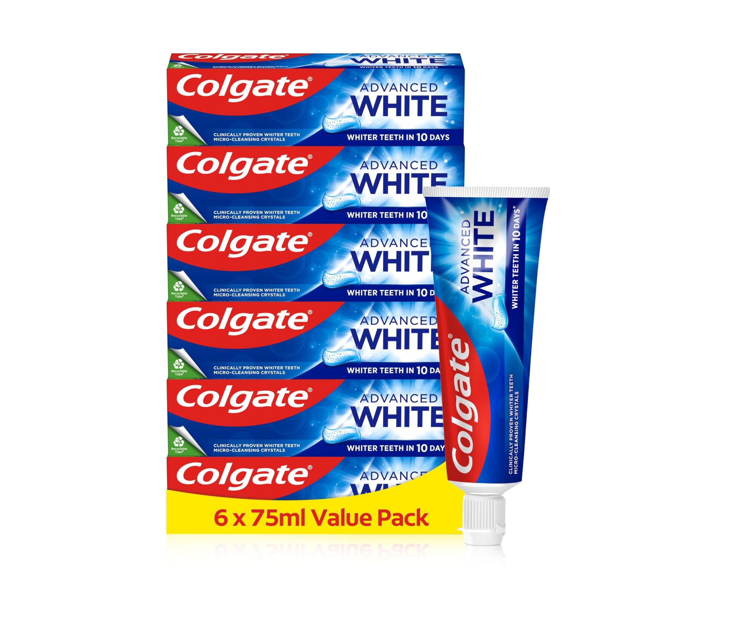 Colgate Advanced White Toothpaste, 6 x 75 ml - Whiter teeth in 10 Days - Clinically proven whitening - Teeth whitening toothpaste with micro-cleansing crystals - Mint toothpaste