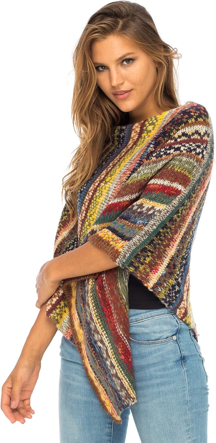 Back From Bali Womens Colorful Knit Poncho Sweater Cape Soft Striped Boho Tunic Shawl - Image 2