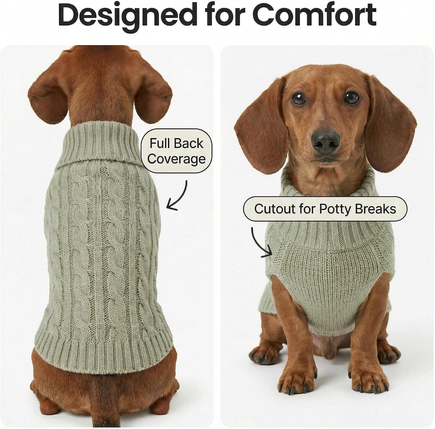 Dachshund Cable Knit Dog Sweater, Grayish Apricot, Small | Sleeveless cable knit dog sweater for dachshunds, soft acrylic warmth, easy pullover fit for long-body small dogs