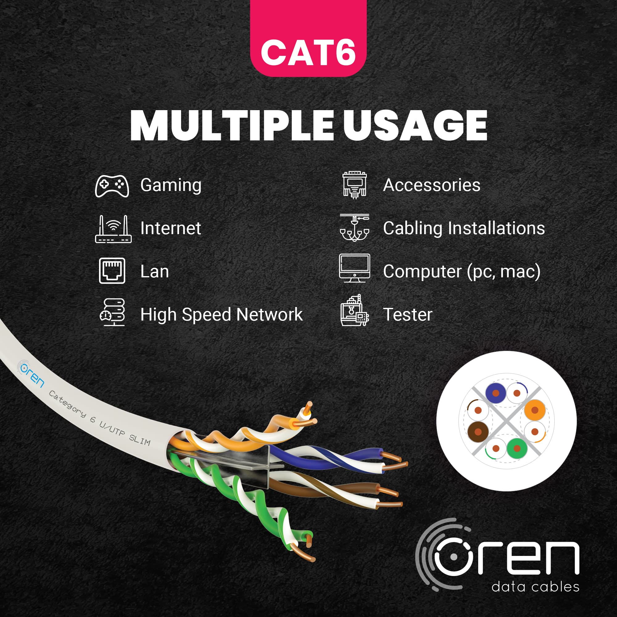 Oren Câble Ethernet CAT6 100m - Fin - Fil de cuivre pur 23 AWG - Bande passante 250 MHz - Câble réseau LAN Internet UTP - Sans halogène, non corrosif - Câble Ethernet Gigabit haut débit - Blanc