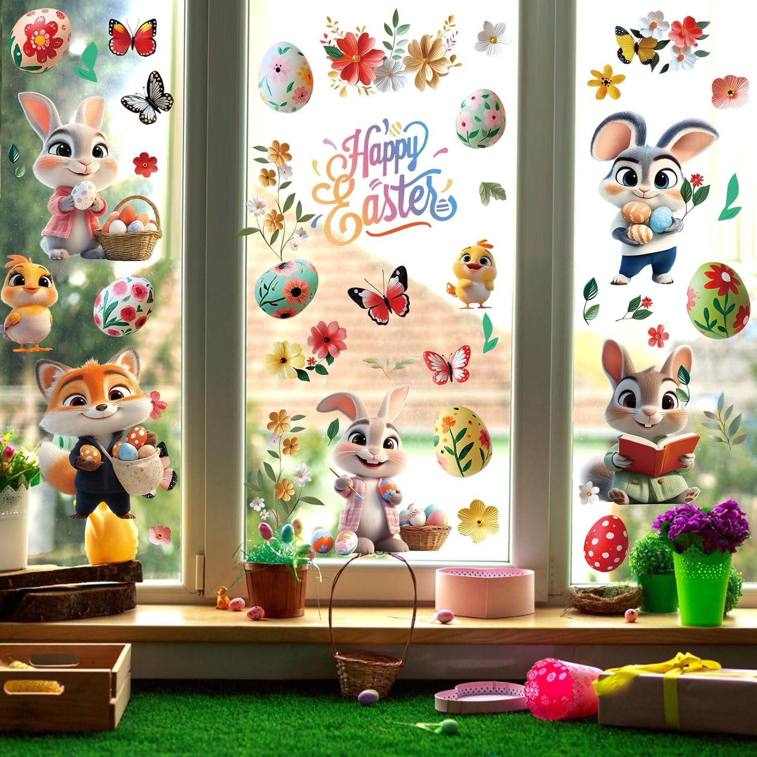 AhfuLife Easter Window Cling, 9 Sheets Larger 3D Bunny Rabbit Chick Window Stickers, Happy Easter Eggs Spring Window Decals for Home, Office, School Party Decoration Supplies