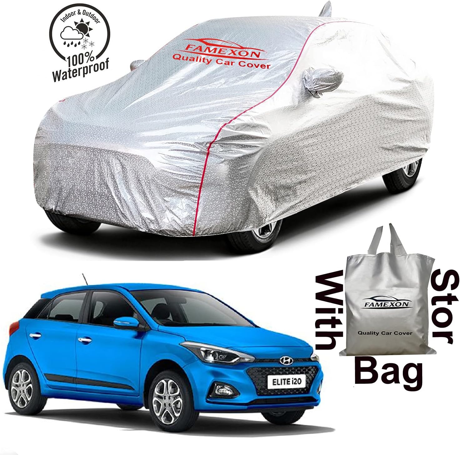 FAMEXON Elite i20 Car Cover Waterproof with Free Bag and All Weather for Car Cover,100% Waterproof Outdoor Car Covers Rain Snow UV Dust Protection. Custom Fit