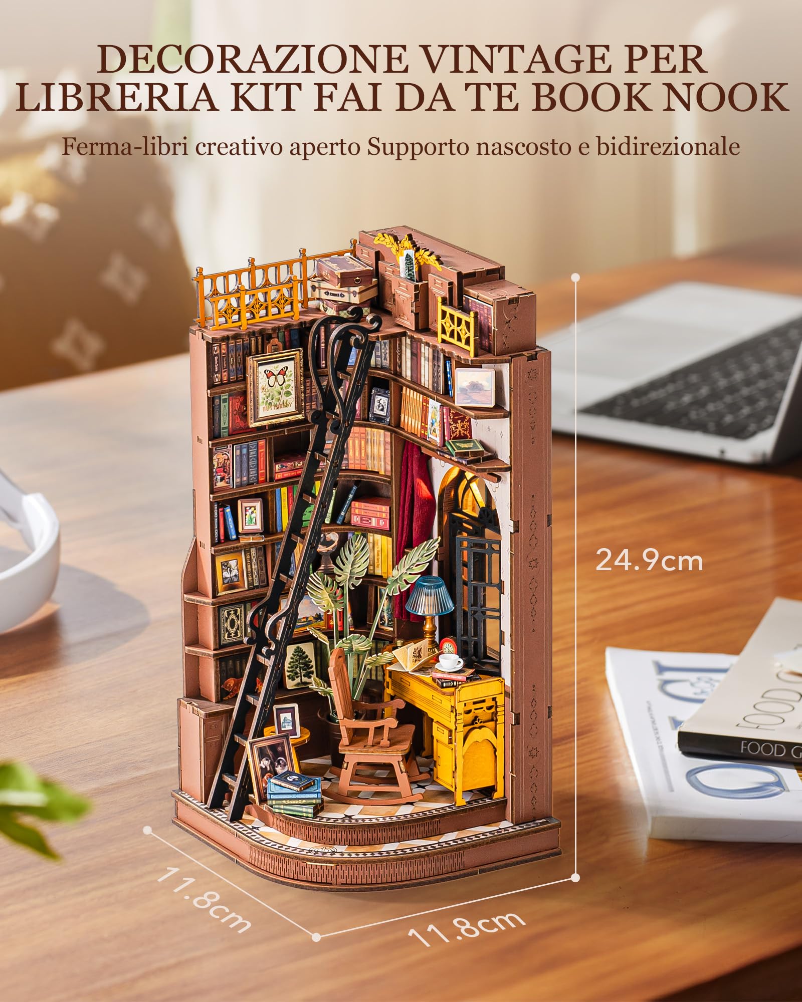 Rolife Book Nook Kit Miniature da Costruire DIY Booknook Silent Corner Study 3d Puzzle Legno con Luci Decorazione Libreria Casa Modellismo da Costruire Adulti Diorama Modellismo