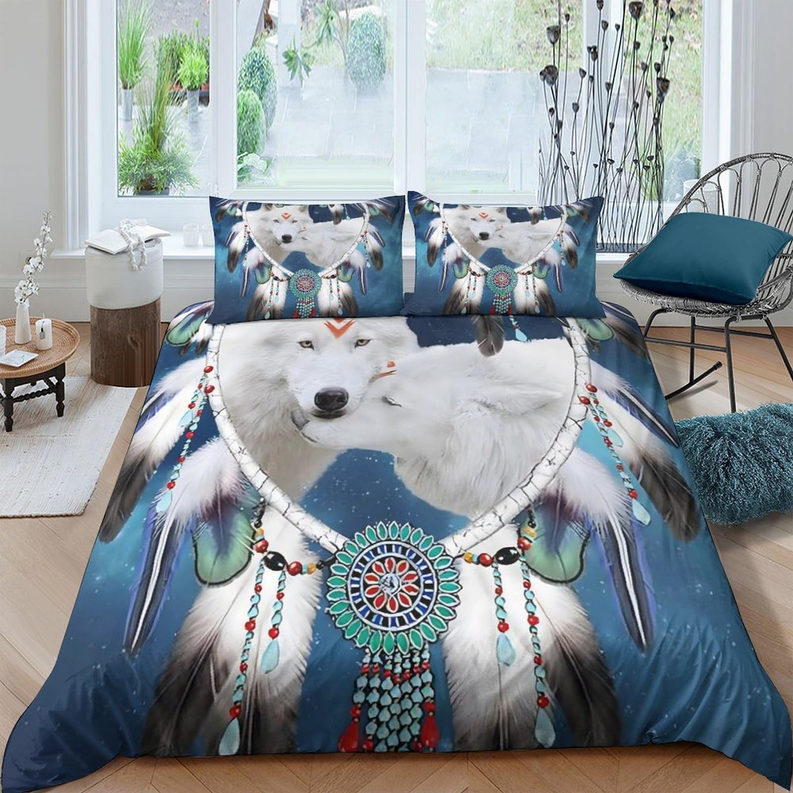 Ctjqhvkz Style-8 3D Printed Wolf Dreamcatcher Fitted Sheet Microfiber Soft Blue Bed Cover Bedroom Decor Anti-Slip Easy Care For Adults Teens Single（135X200cm）