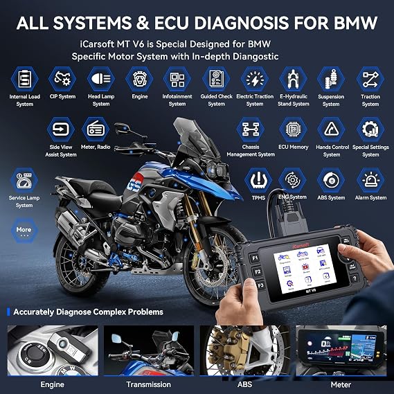 iCarsoft MT V6 Motorcycle Diagnostic Tool for BMW Full System 115 Reset /197 Actuation Test, Motorbike+Car OBD2 Scanner Code Reader with ABS Bleeding, Throttle Valve Reset, Battery Test, AutoVIN