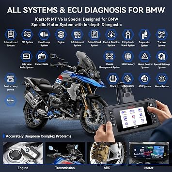 iCarsoft MT V6 Motorcycle Diagnostic Tool for BMW Full System 115 Reset /197 Actuation Test, Motorbike+Car OBD2 Scanner Code Reader with ABS Bleeding, Throttle Valve Reset, Battery Test, AutoVIN