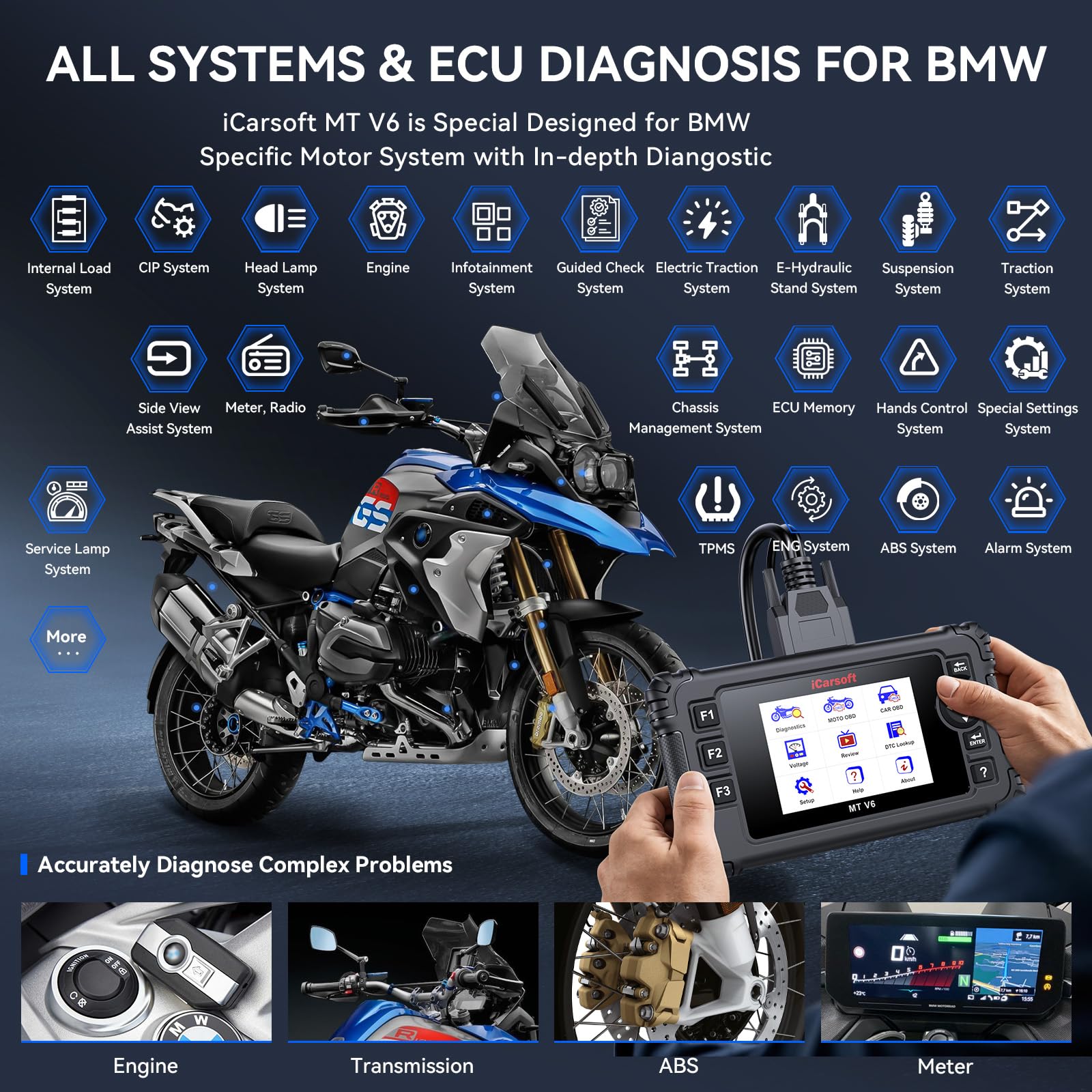 iCarsoft Strumento diagnostico per moto MT V6 per BMW Full System 115 Reset /197 Test di azionamento, lettore di codici scanner OBD2 per moto e auto con spurgo ABS, reset valvola a farfalla, test
