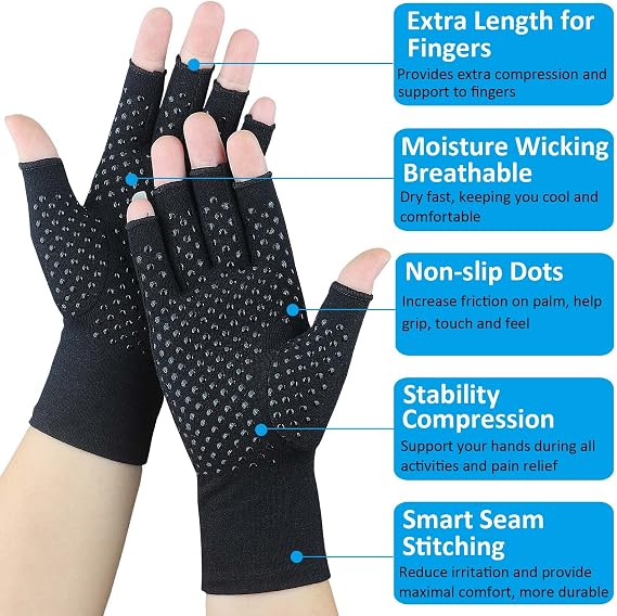 2 Pairs Arthritis Gloves for Pain Relief, Compression Gloves for Arthritis, Carpal Tunnel, Osteoarthritis, Joint, Typing, Driving, Fingerless Hand Gloves for Women Men (Black1+Pure Black1, Small)