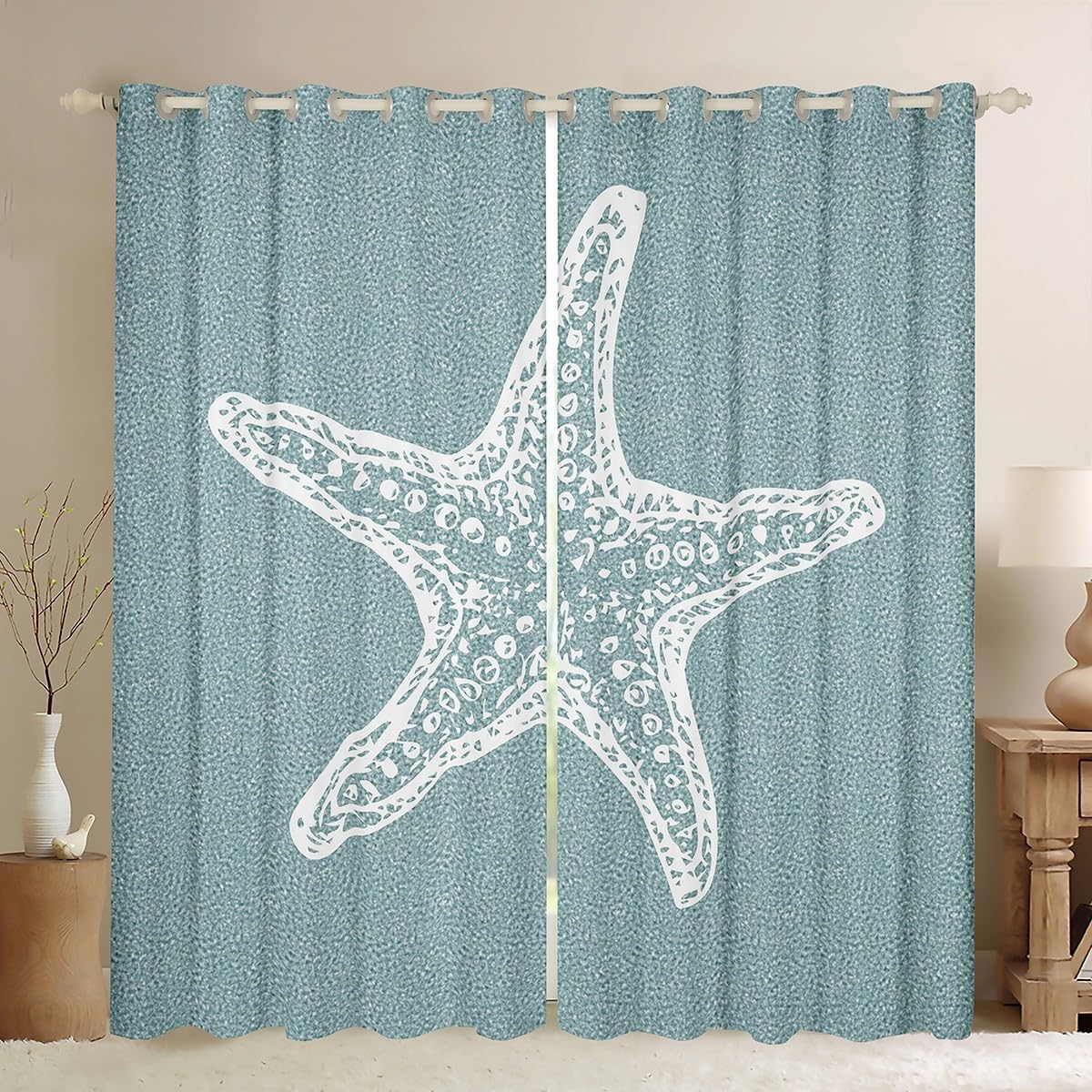 Feelyou Starfish Beach Curtains for Bedroom Living Room Kids Coastal Beach Ocean Blackout Curtains Teal Blue Darkening Dreapes Ocean Marine Blue White Window Treatments (2 Panels, 52 x 84 Inch)