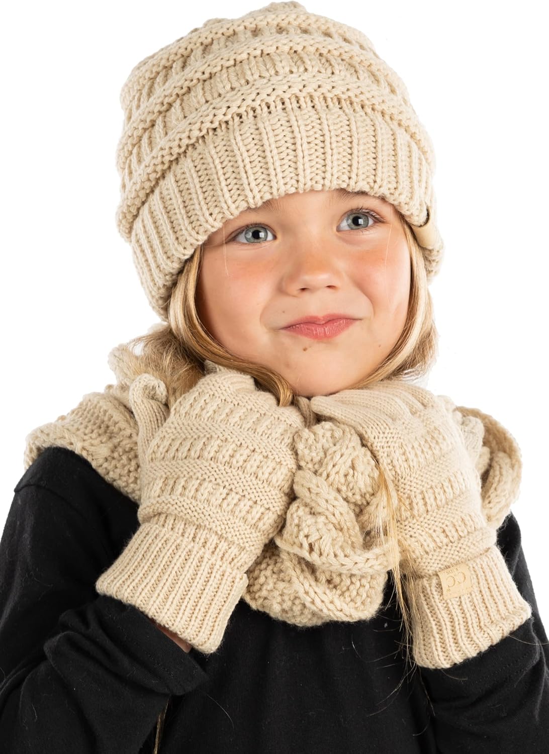 Funky Junque Kids Cozy Winter Set - Matching Ribbed Beanie Hat, Cable Knit Scarf & Gloves