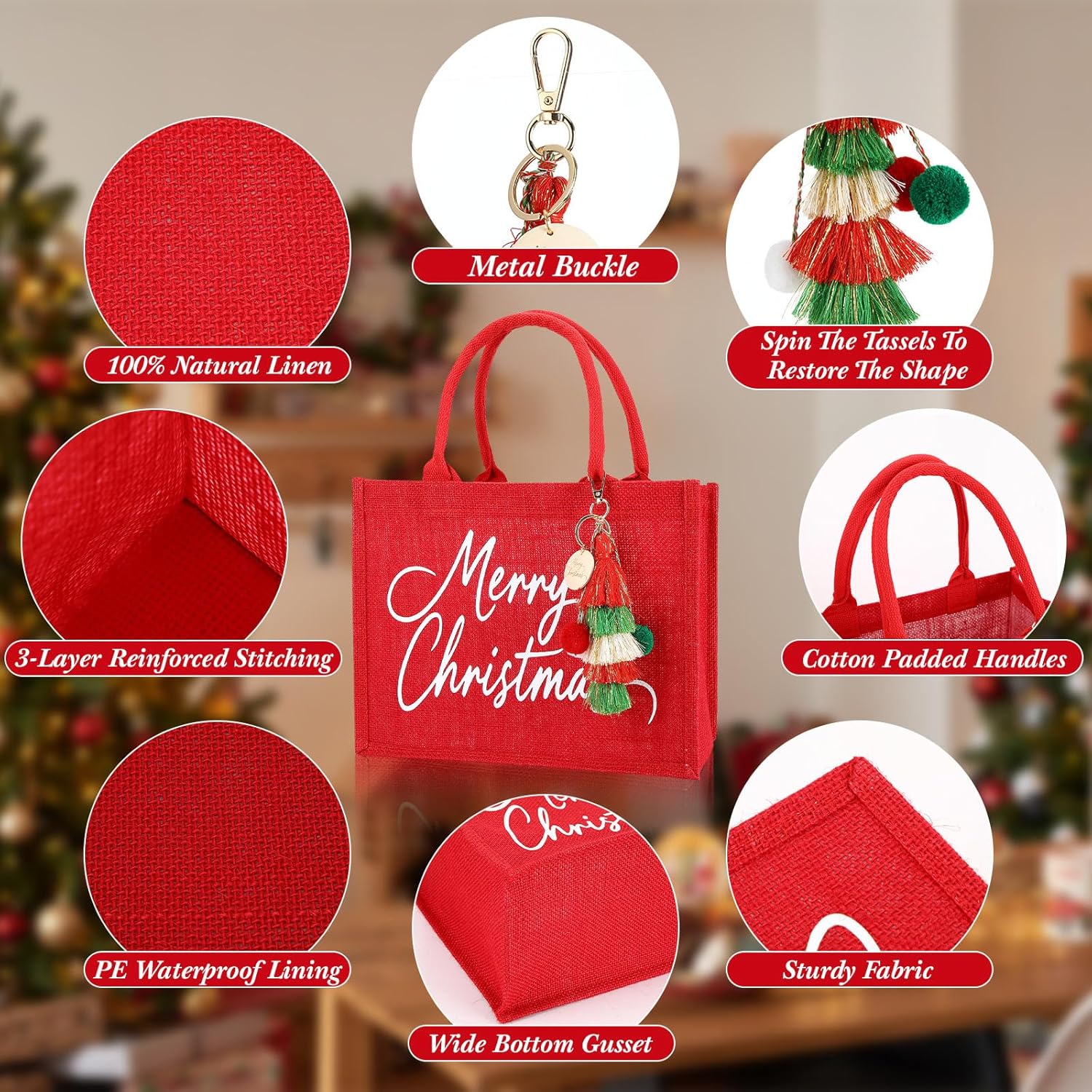Sadnyy 8 Set Personalized Large Christmas Bags with Handles Xmas Red Reusable Burlap Tote with Tassel Pendant Keychains Merry Christmas Bags for Women Xmas Holiday Present 12.2 x 9.84 x 5.91 Inch