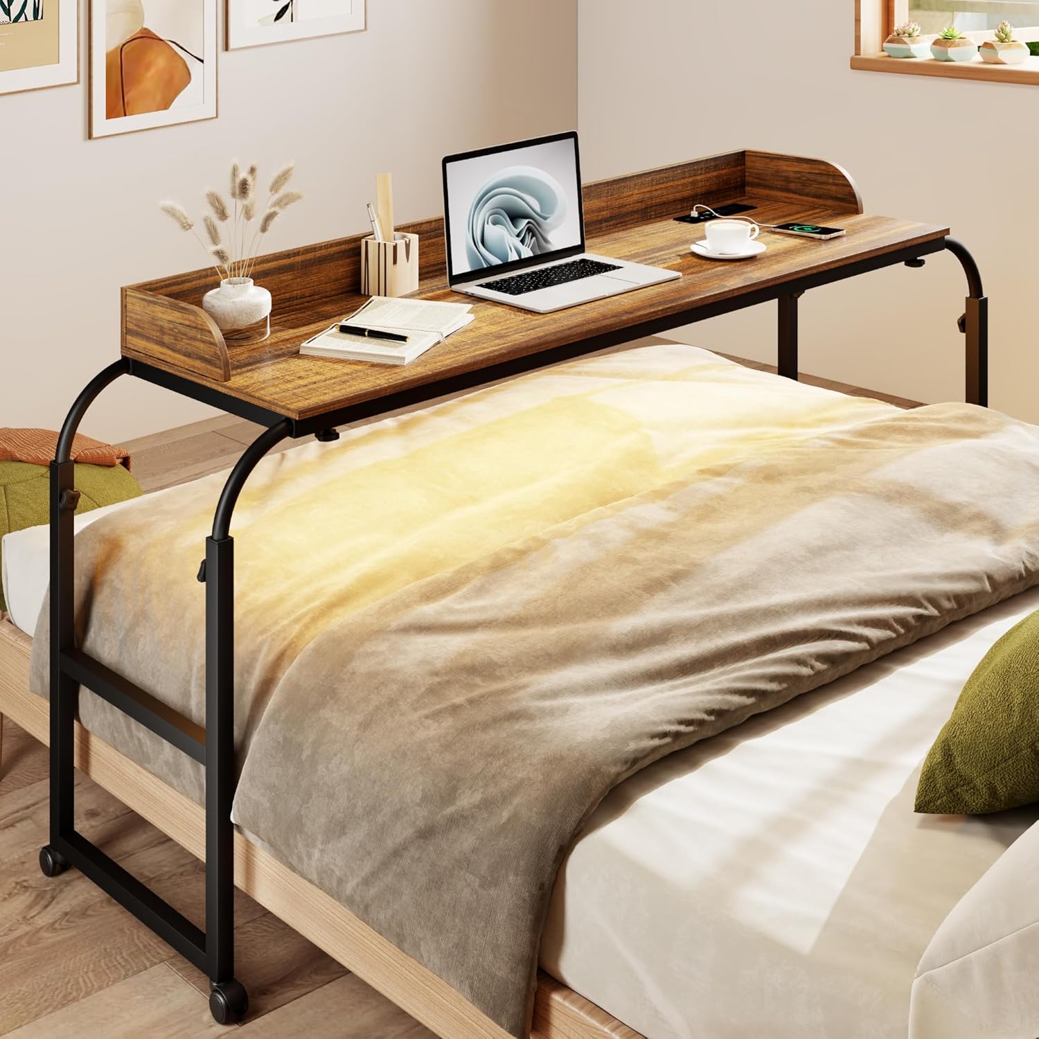 39.37"-43.3" Over Bed Desk with Wheels Adjustable Height, King Size Overbed Table with LDE Lights and Human Sensor, Overbed Laptop Desk with Charging Station for Bedroom, Brown