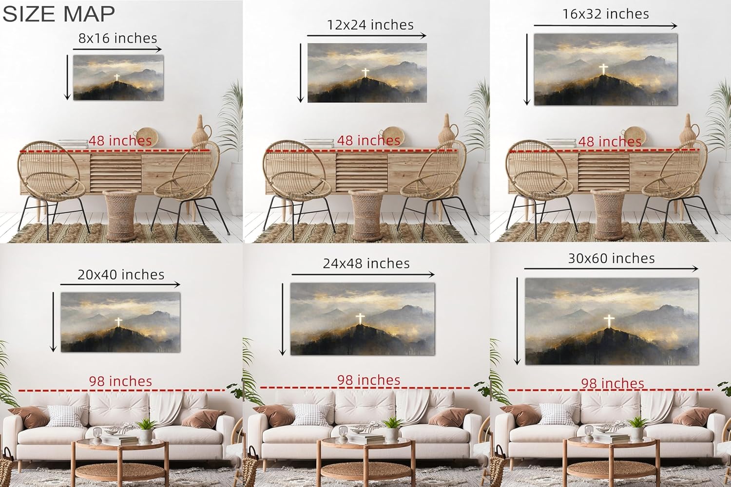 BYXOLARA Large Christian Wall Art Canvas - He Is Risen Christian Jesus Cross Picture, Religious Landscape Painting for Home and Prayer Spaces, Modern Scripture Wall Art Wrapped Canvas, 24×48 inches
