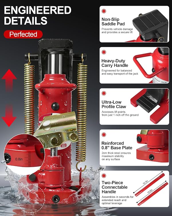 YATOINTO Toe Jack, 2.5-Ton Claw & 5-Ton Saddle, 2-in-1 Hydraulic Bottle Jack for Top and Low-Profile Lifting, with Connectable Handle for Auto Repair, Farm, Home by YATOINTO - Image 5