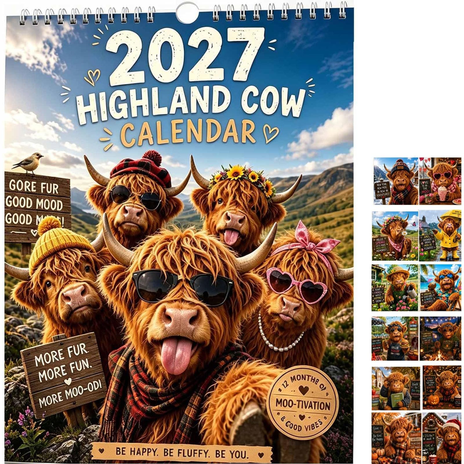 2027 Funny Highland Cow Wall Calendar, 12 Month Highland Cow Calendar，A