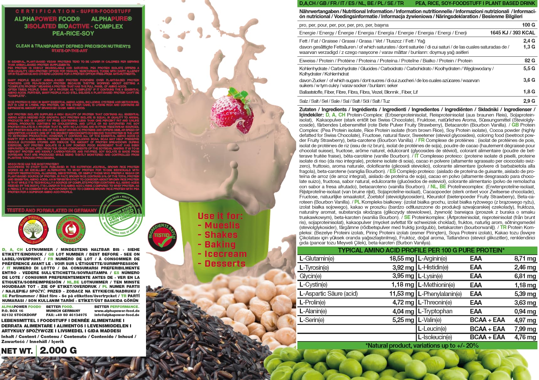 Veganes pflanzliches laktosefreies Proteinpulver, Eiweiss Protein Pulver Shake I ohne künstliche Süßungsmittel, Zucker I brauner Reis, Erbsen, Soja Isolat I 2kg natürliches Schweizer Schoko