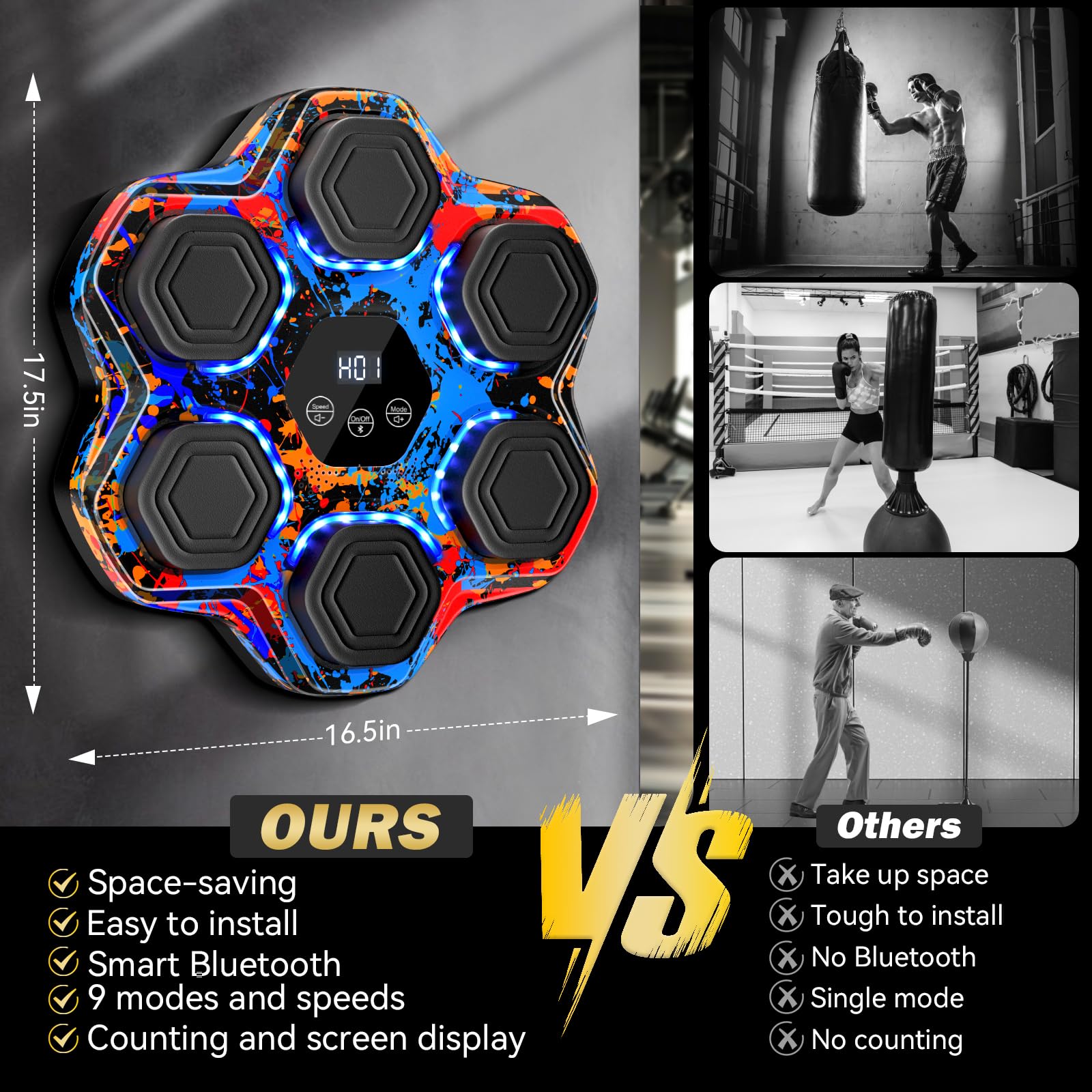 Music Boxing Machine, Smart Bluetooth Boxing Machine with Gloves, Wall Mounted Music Punching Trainer for Kids Adult, LED Electronic Boxing Workout Target with 9 Modes & 9 Speeds