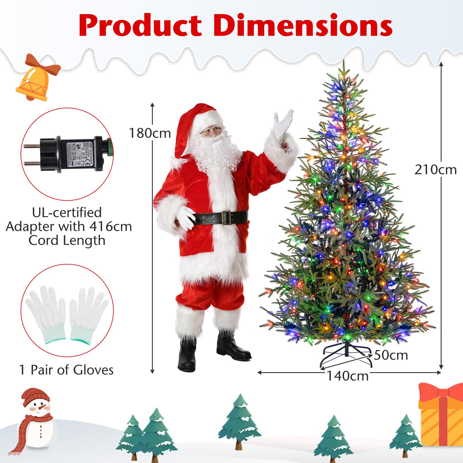 KOMFOTTEU Künstlicher Weihnachtsbaum mit 250/300 Lichtern, Tannenbaum mit 11 Beleuchtungsmodi, Christbaum mit Metallständer, für Haus, Geschäfte, Büro (210 cm)