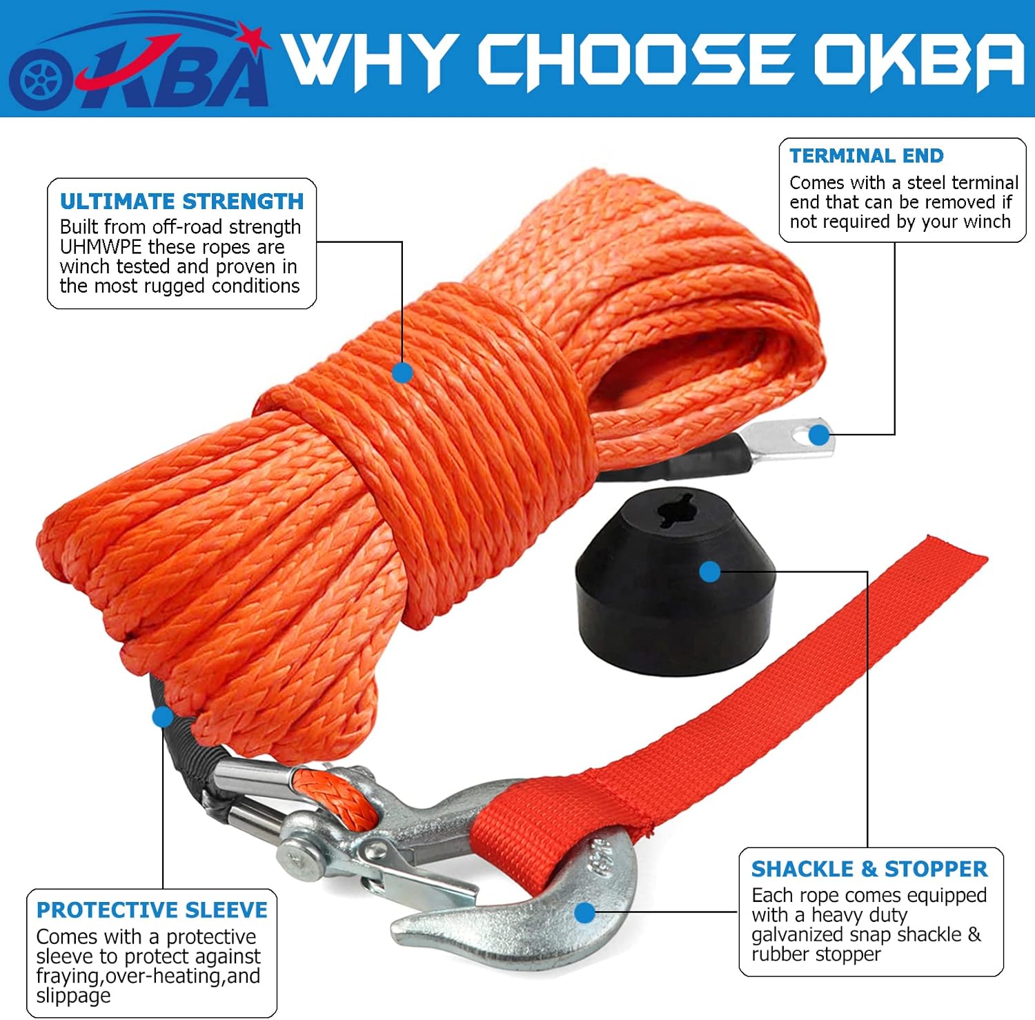 OKBA Synthetic Winch Rope Kit,1/4" x 50ft 10000LBS Synthetic Winch Line Cable Rope with Hook,Stopper,Protective Sleeve,Safety Pull Strap for 4WD Off Road Vehicle ATV UTV SUV