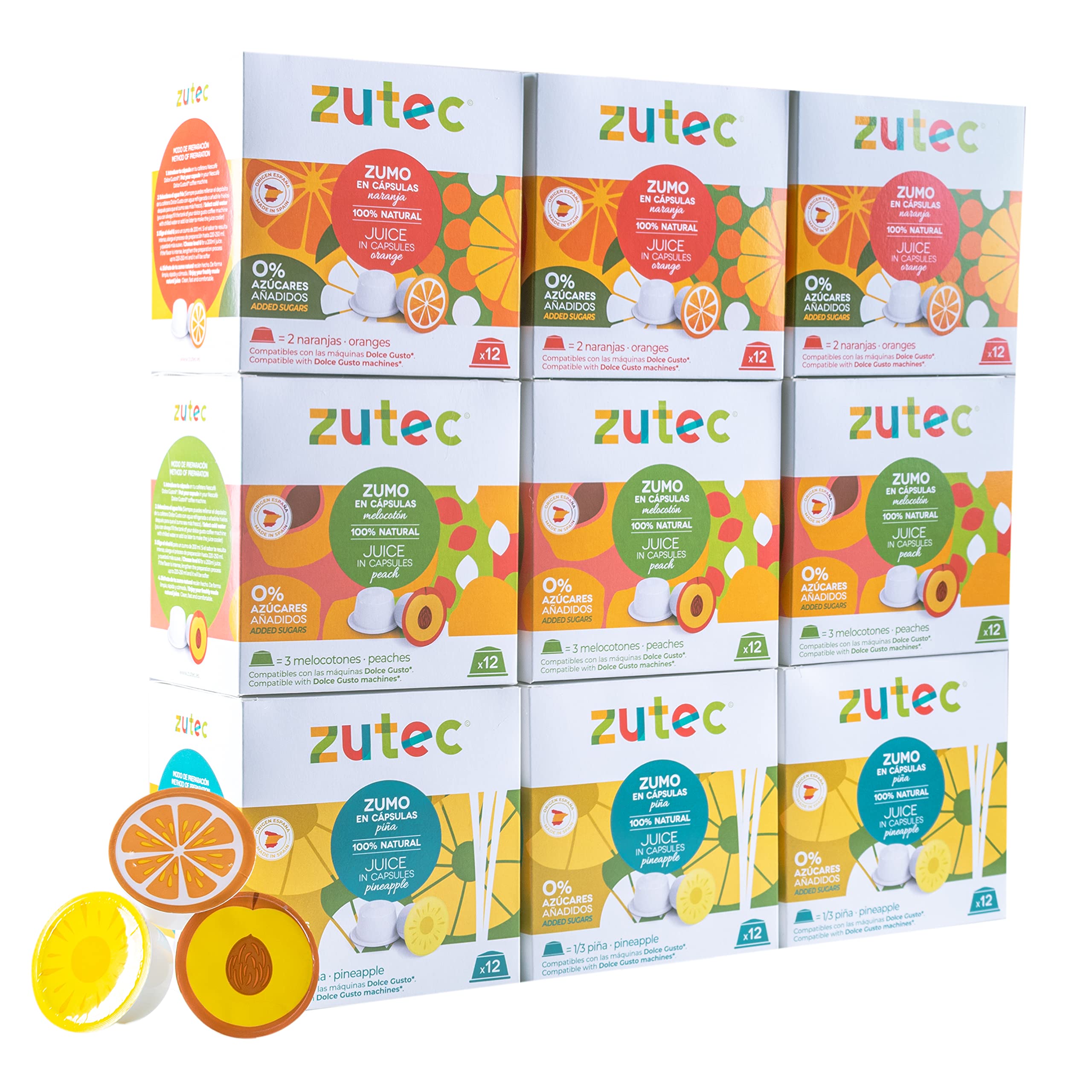 Zutec - Verschiedene Saftkapseln (Orange, Ananas und Pfirsich) - Kompatibel  mit Nescafé Dolce Gusto®* Kaffeemaschinen - 9 Packungen mit 12 Kapseln -  108 Kapseln : Amazon.de: Lebensmittel \u0026 Getränke