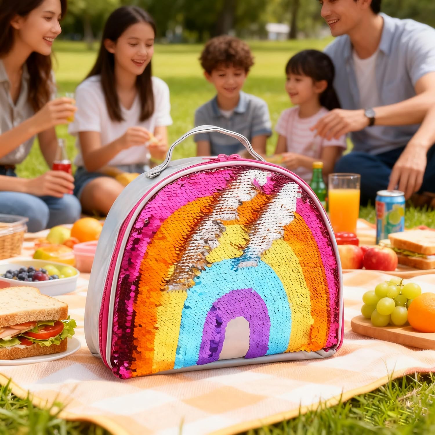 Reversible Sequin Rainbow Insulated Lunch Tote Bag for Girls Women