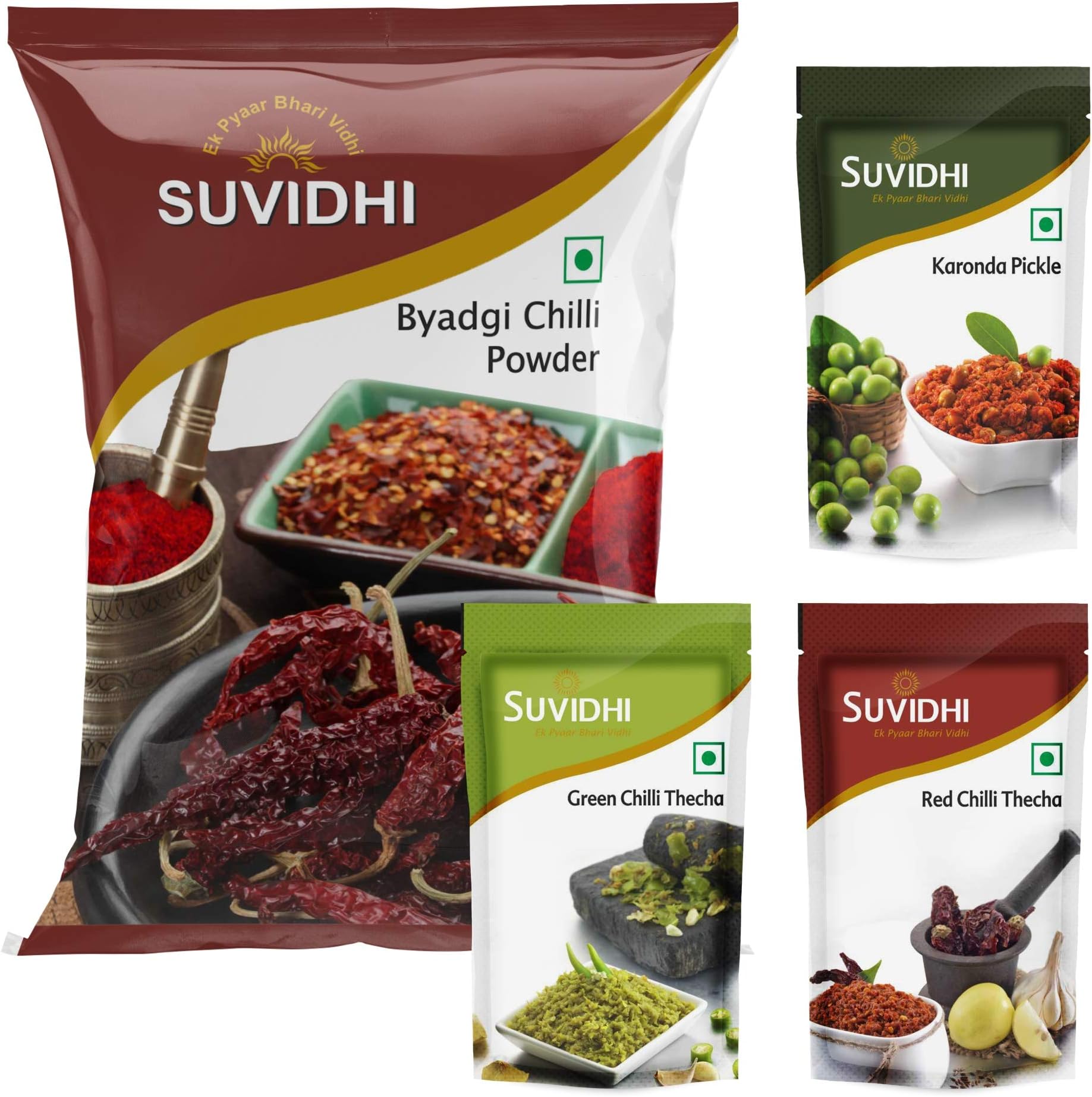 Byadgi Chilli Powder 200gm 2, Karonda Pickle 100gm 2, Red Chilli Thecha 100gm 2, Green Chilli Thecha 100gm 2(Pack of 8 in All 1 Kg)