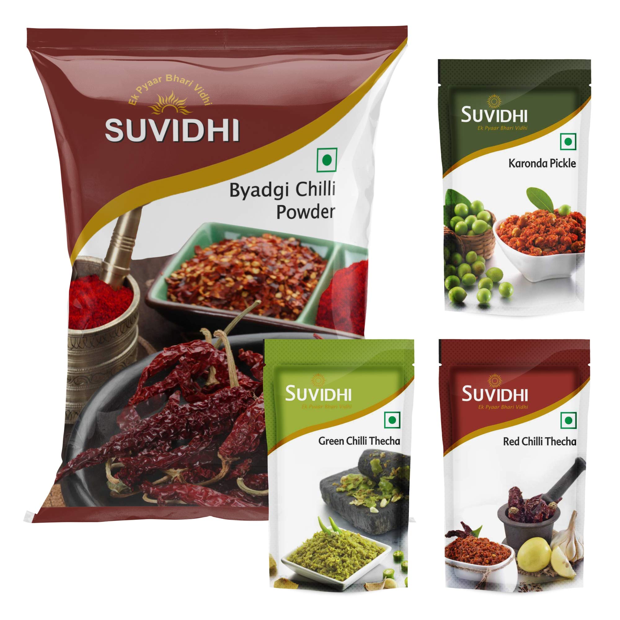Byadgi Chilli Powder 200gm 2, Karonda Pickle 100gm 2, Red Chilli Thecha 100gm 2, Green Chilli Thecha 100gm 2(Pack of 8 in All 1 Kg)
