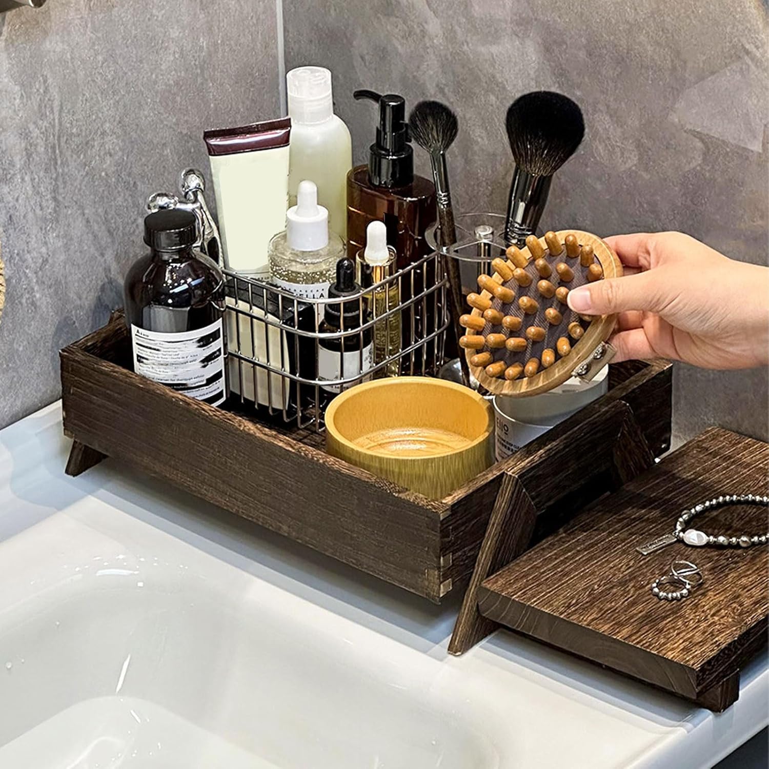 Wooden Bathroom Tray Dark Brown with Holder for Toiletry Bottles and Brush Cup Minimalist Vanity Organizer Home Decor