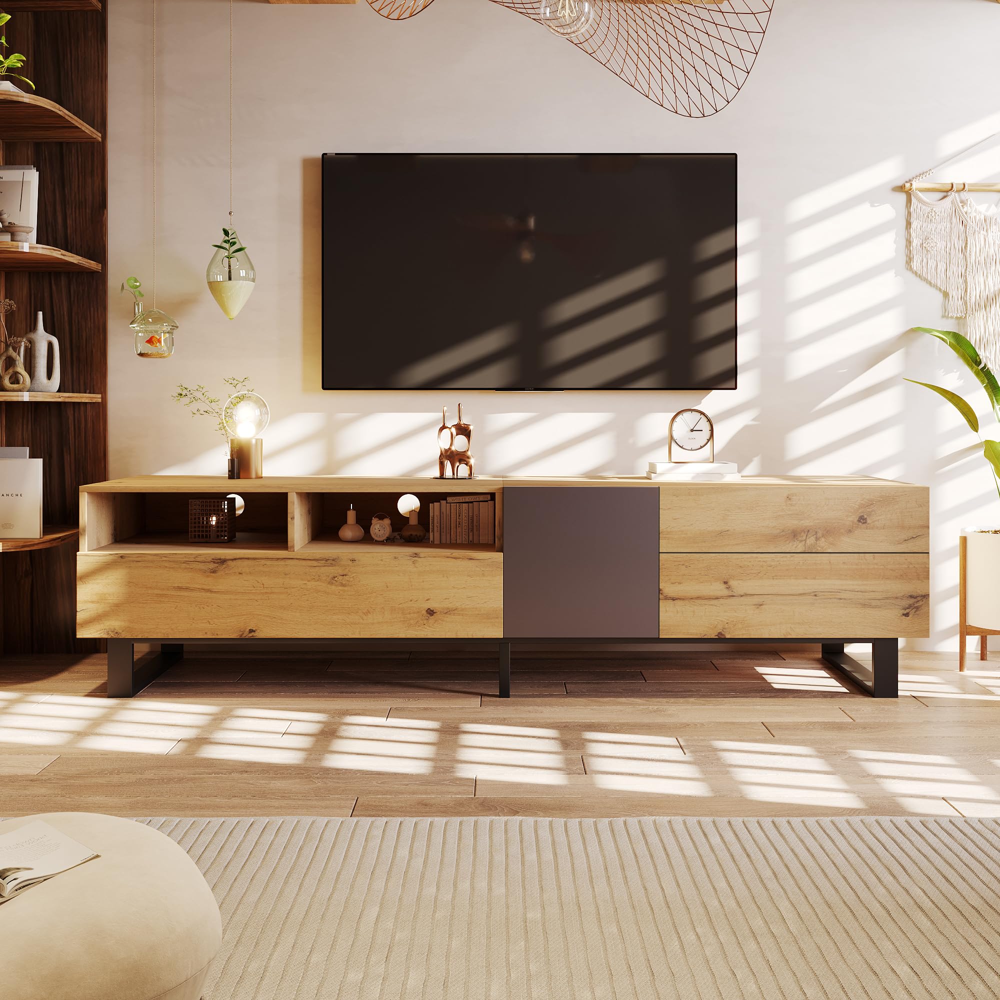 Meuble TV 180 cm Bois et Noir, Table Télévision Salon Rangement Portes Coulissantes sans Poignée, 5 compartimentset 2 tiroirs, Pieds Métal, Lowboard pour Téléviseur jusqu'à 50 kg (180x38x50)