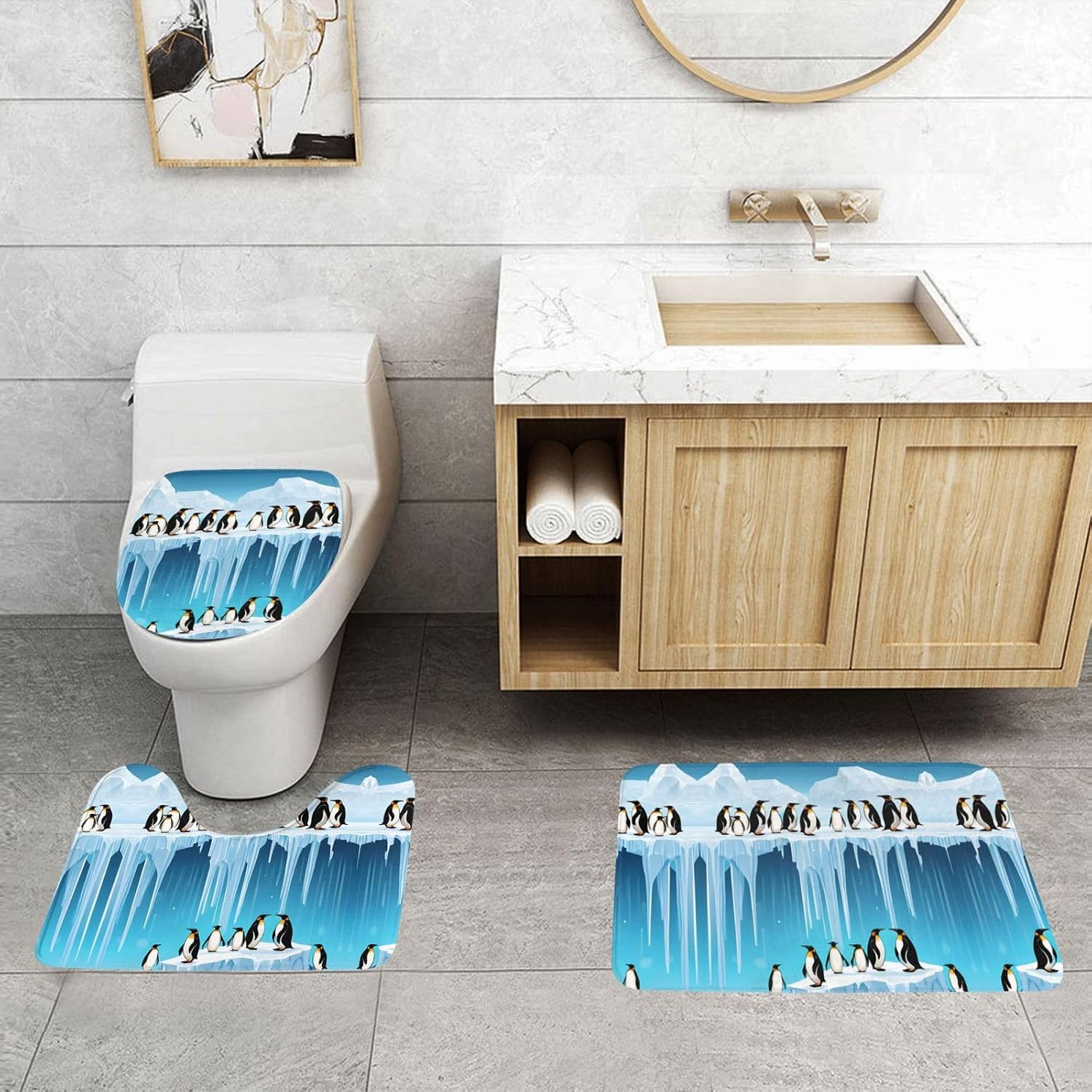 Penguins On The Iceberg Printed Print 3 Piece Bathroom Rugs Set, Soft Absorbent Flannel Mats with Non-Slip Backing for Bath Tub Floor