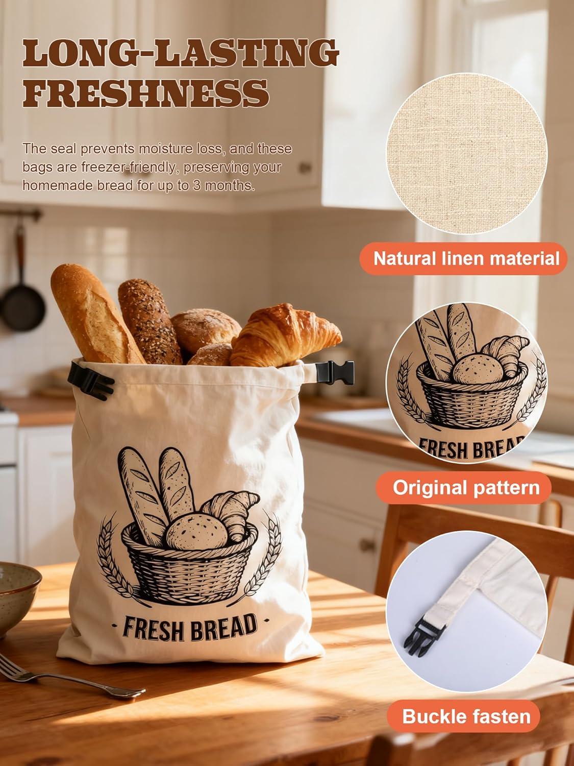 CHADWICK Reusable Bread Bags with TPU Liner, Linen Cotton Sourdough Bag for Homemade Bread, Homesteading Essentials Sourdough Bags for Kitchen, Keeps Fresh Longer –17 x 12.6 In (BreadC, 6 PC)