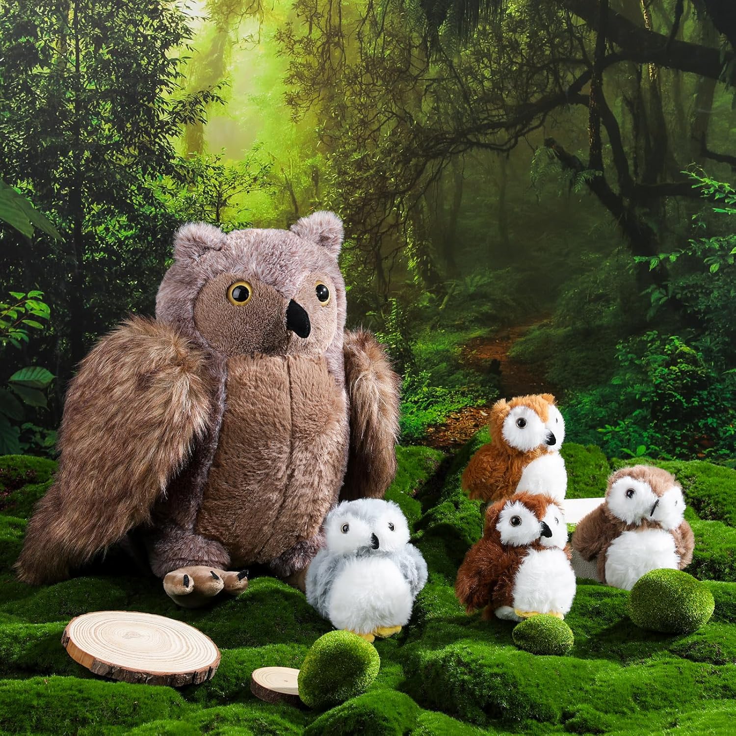 HyDren 5 Pcs Nurturing Owl Plush Toys Set 16 Inch Owl Stuffed Animal with 4 Baby Owlets in Mommy's Zippered Tummy Surprise Plushies Toys for Kids Birthday Gifts Woodland Easter Basket Party Favors