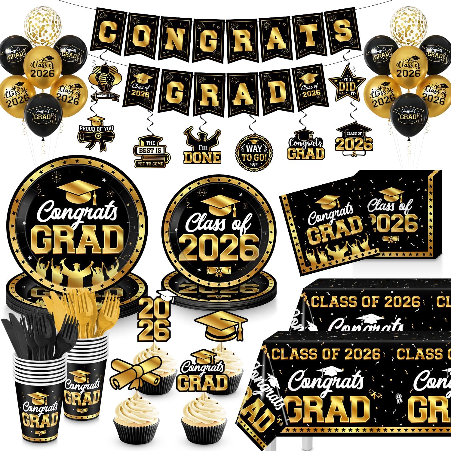 Graduation Decorations 2026, Black and Gold Graduation Party Tableware Supplies for 25 Guests, Disposable Plates Napkins Cups Cutlery Tablecloth and Congrats Grad Banner for Grad Party Decorations