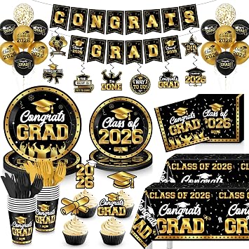 Graduation Decorations 2026, Black and Gold Graduation Party Tableware Supplies for 25 Guests, Disposable Plates Napkins Cups Cutlery Tablecloth and Congrats Grad Banner for Grad Party Decorations