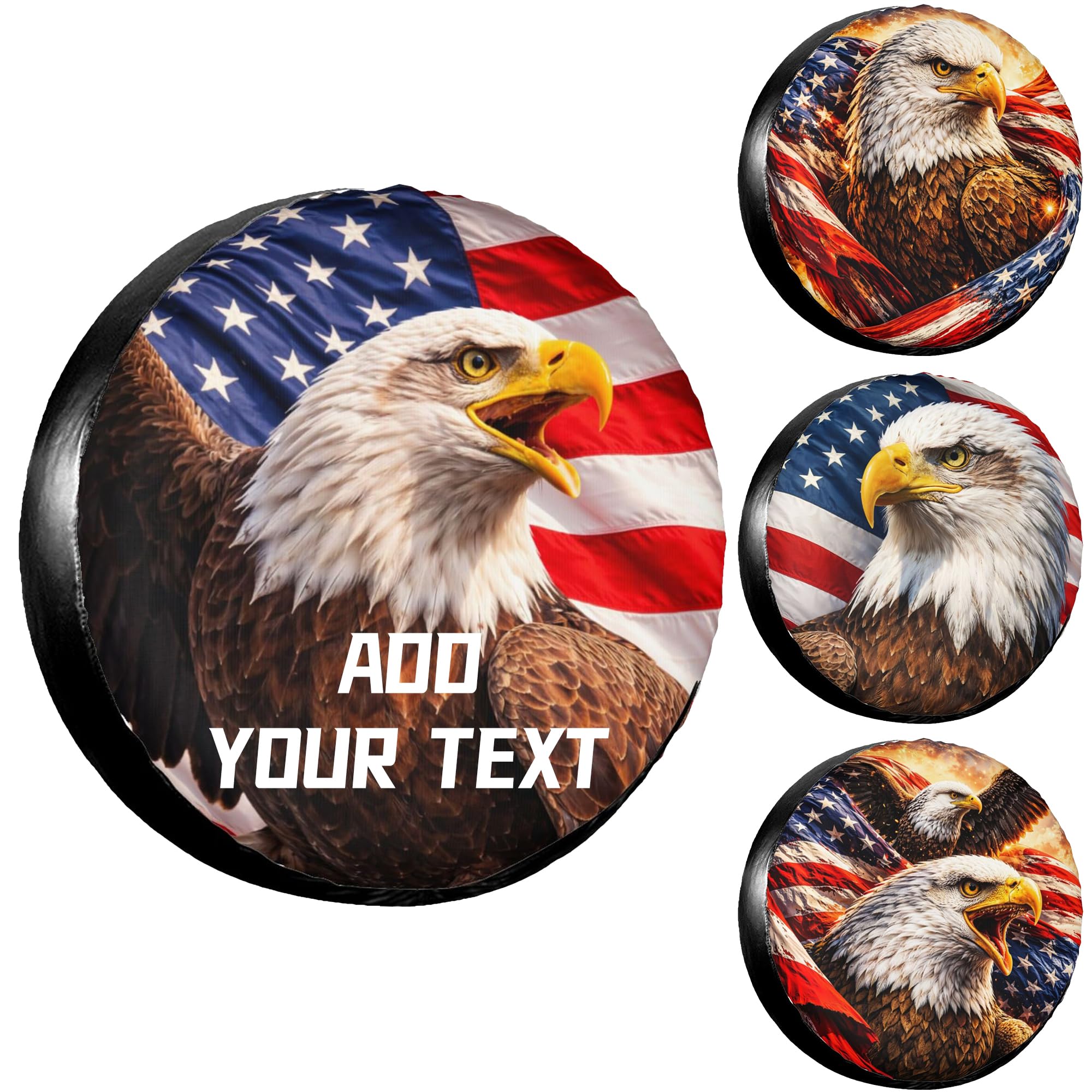 Custom Spare Tire Cover with Text, Personalized Waterproof American Flag &amp; Bald Eagle Tire Cover for Jeep Wrangler, RV, Trailer 14" 15" 16" 17" Patriotic Outdoor Car Accessory