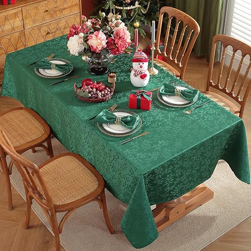 Miniatura 9 de SASTYBALE Mantel de Navidad rectangular de 52 x 70 pulgadas, diseño de baya de acebo jacquard, a prueba de derrames, sin arrugas, mantel de tela de