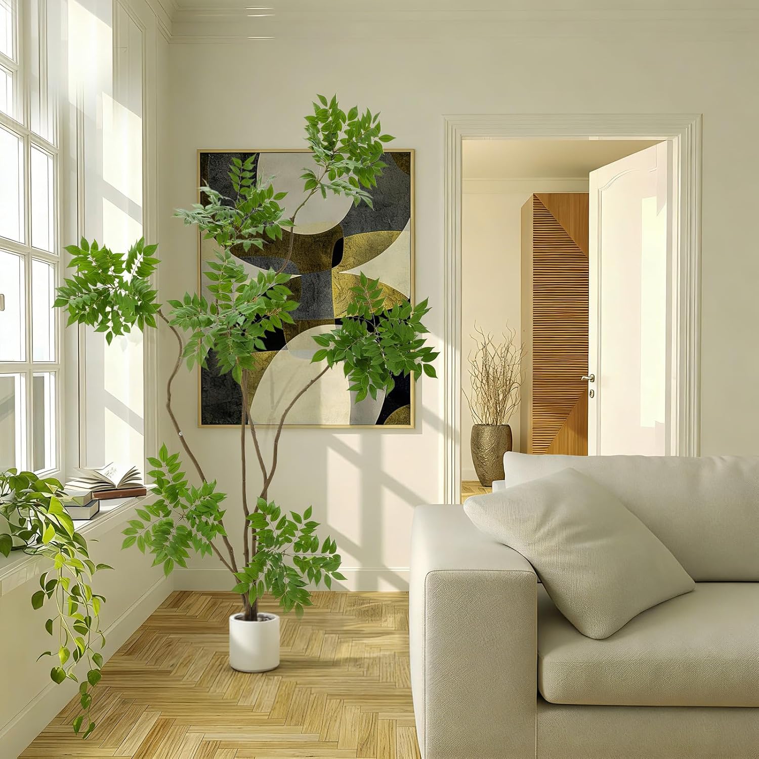 Jexine 6 ft Artificial Sumac Tree, Tall Fake Sumac Tree with White Pot, Faux Mahonia Fortunei Plants Spring Fake Plant for Indoor Outdoor Office Living Room Home Patio Greening Porch Decor - Image 7