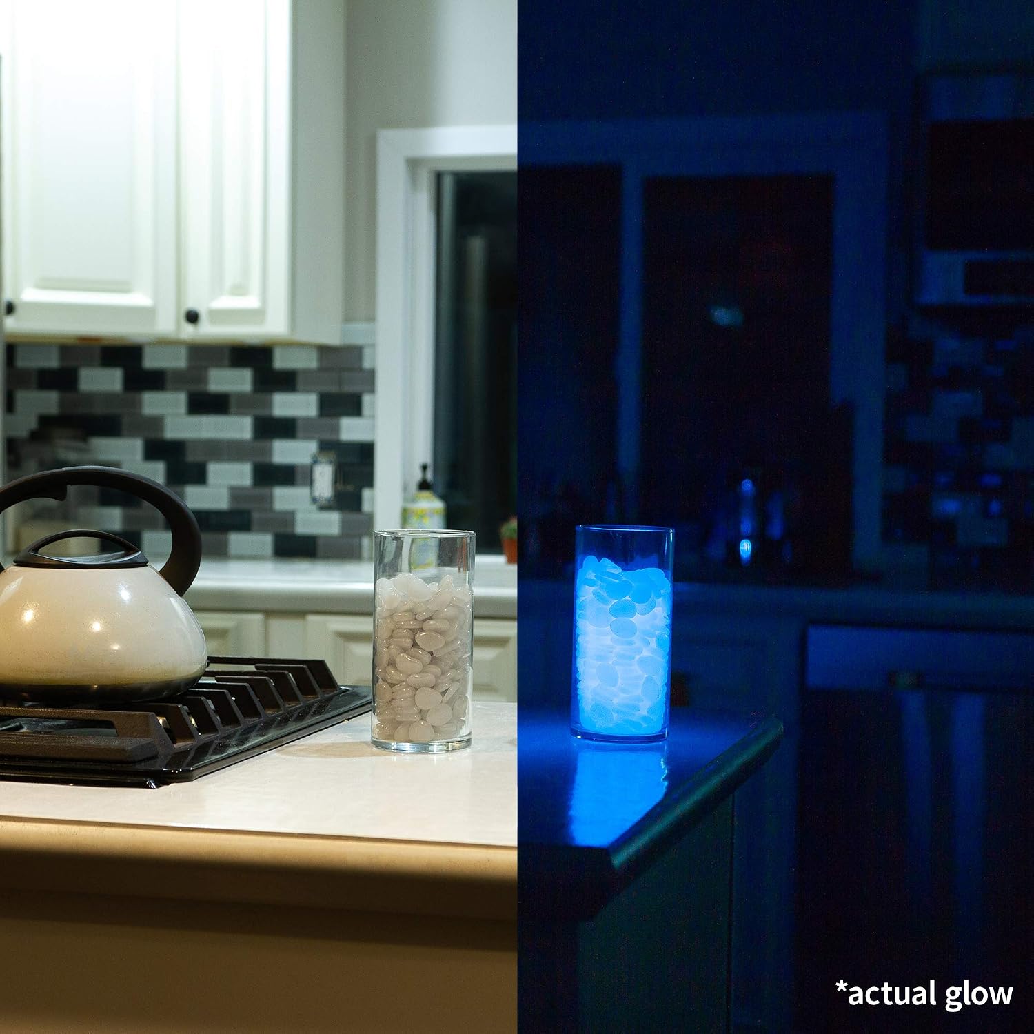 2.2lbs, 450 Piece Glow in the Dark Pebbles, Rocks, Stones. Great for Backyard or Indoor Decor, Garden Decorations, Patio Decoration, Zen Garden, Aquariums, Flower Beds. Solar or LED Charged Pebbles.