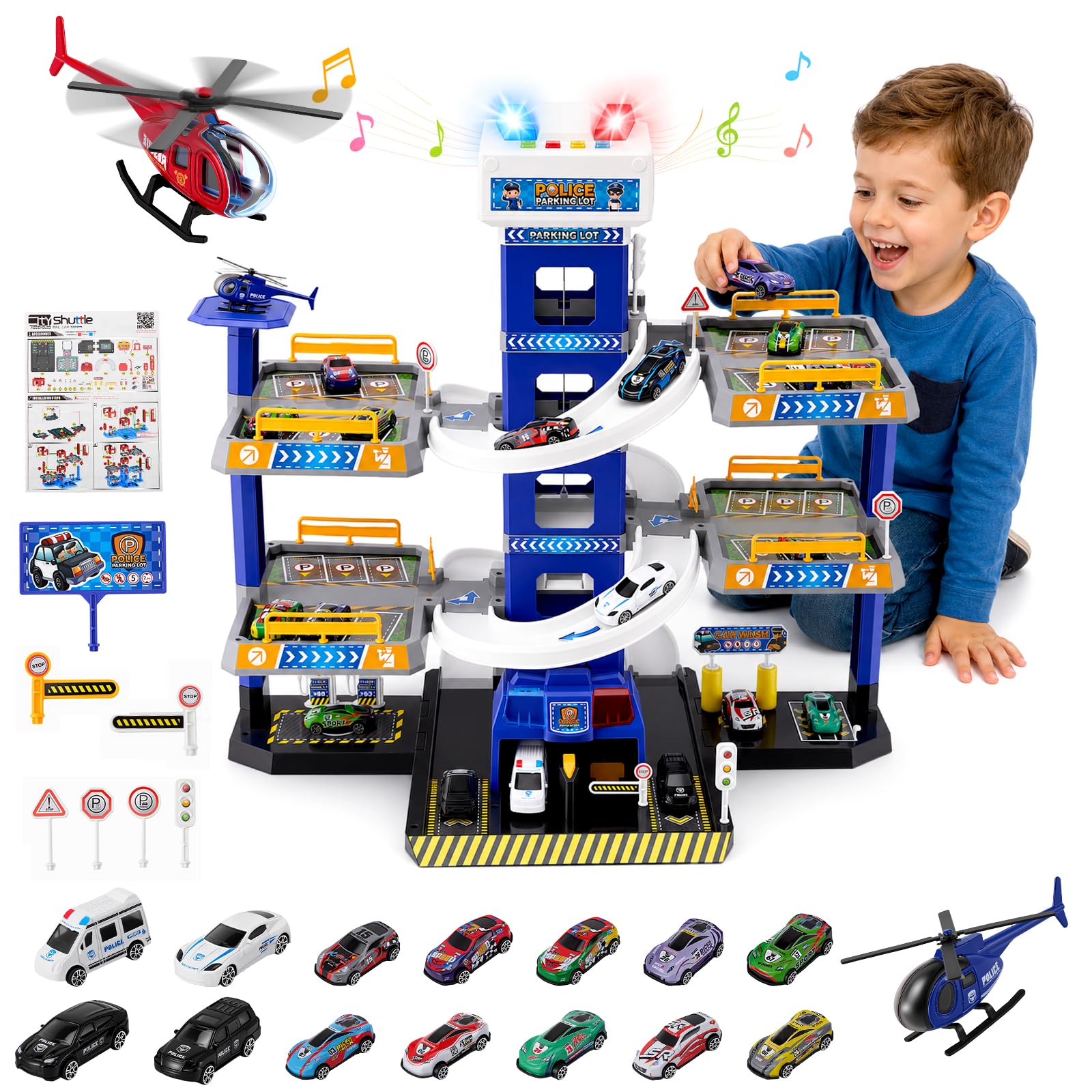 5 piani Garage per Bambini con Luci e Suoni, Parcheggio per Bambini con Ascensore, Giocattolo Garage Auto con Polizia, 14 Auto e 1 Elicotteri, Regali per Bambini 5-9 Anni, Blu