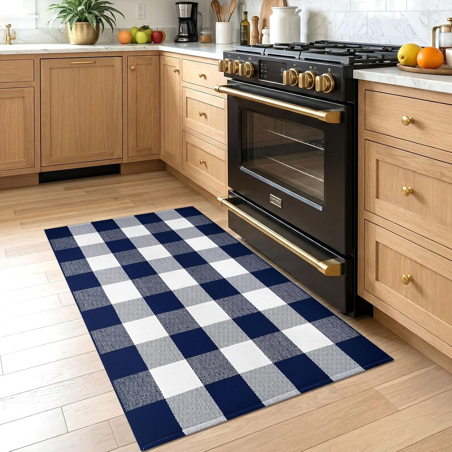 KOZYFLY Buffalo Plaid Area Rugs 2.3x3.6 Ft Blue and White Rug Washable Front Door Mat Woven Cotton Indoor Outdoor Rug for Front Porch Kitchen Entryway Patio Farmhouse Checkered Doormat